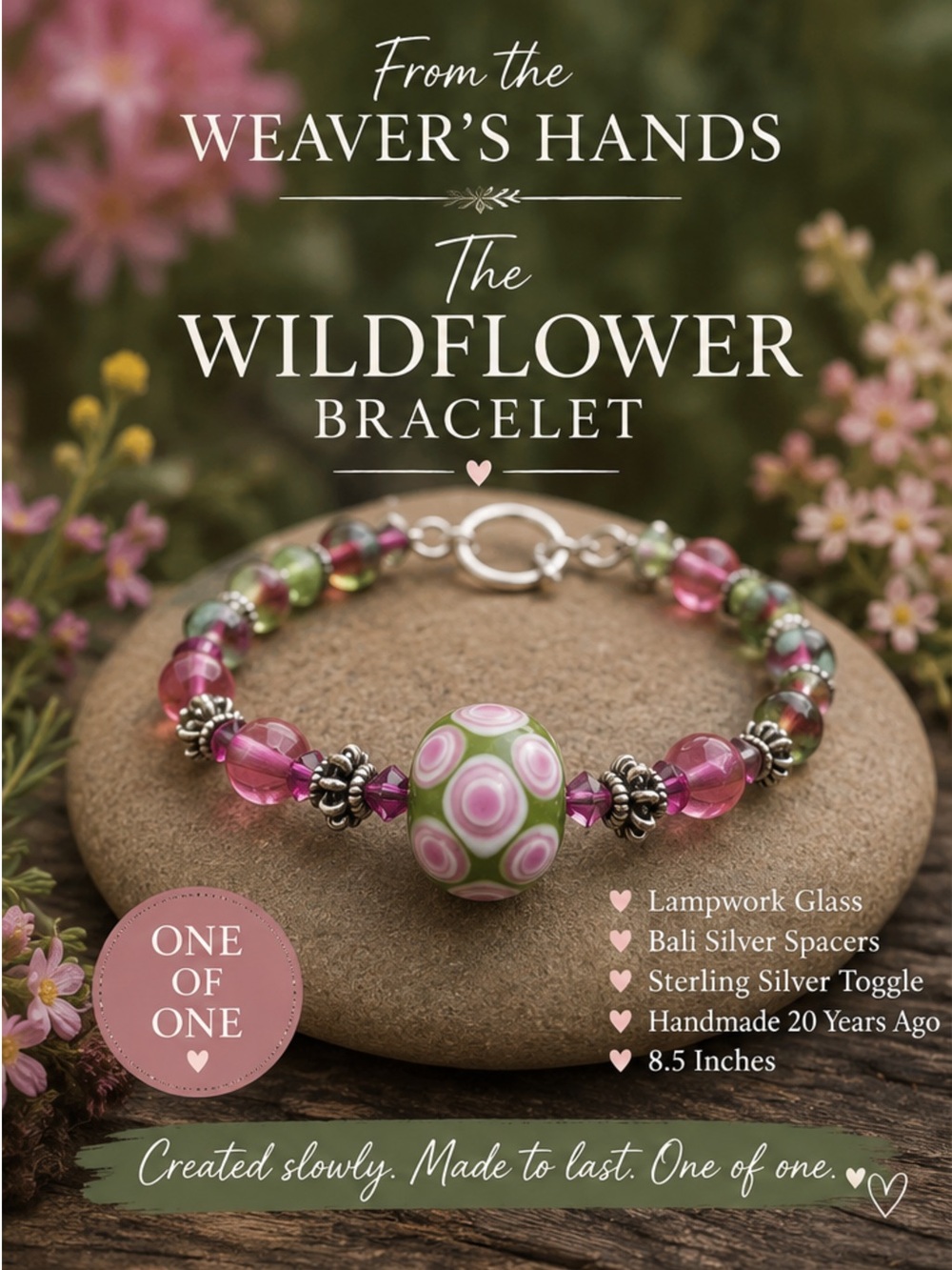 OOAK Lampwork Glass Bracelet | Bali Silver | Sterling Toggle | 8.5”